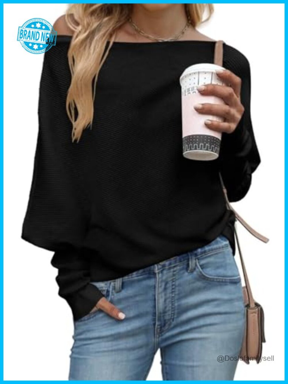 Off Shoulder Knit Sweater Batwing Sleeve Oversized Pullover Top